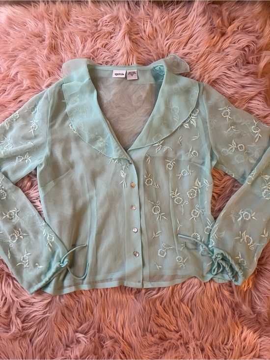 Together Tops - Sheer Embroidered Beaded Fairy Tie-Sleeve Blouse